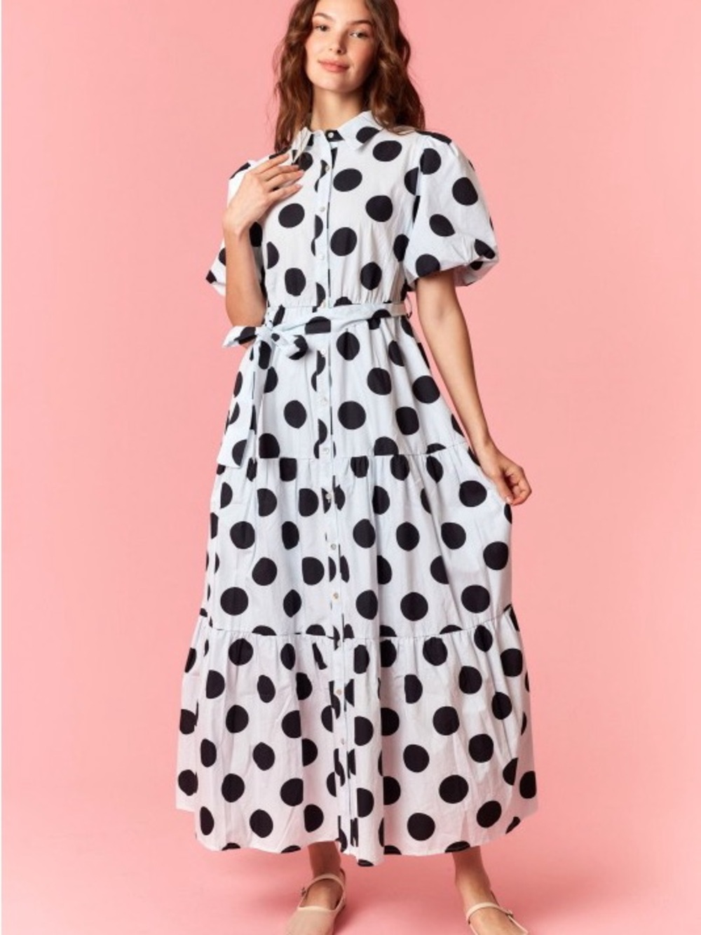 NWT WHITE BLACK POLKA Dot Printed Cotton Poplin Puff Sleeve Maxi Dress - Picture 3 of 9